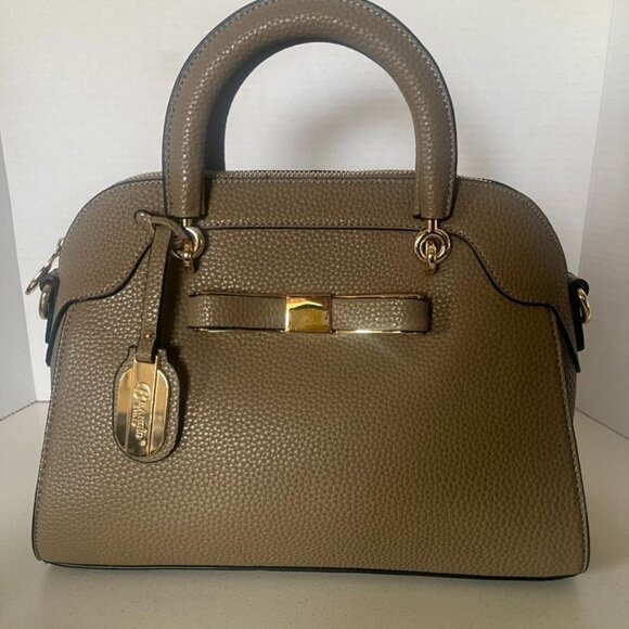 Brangio Textured Leather Handbag w/Bow Taupe Gold Double Handles Zipper NWOT - Picture 2 of 12